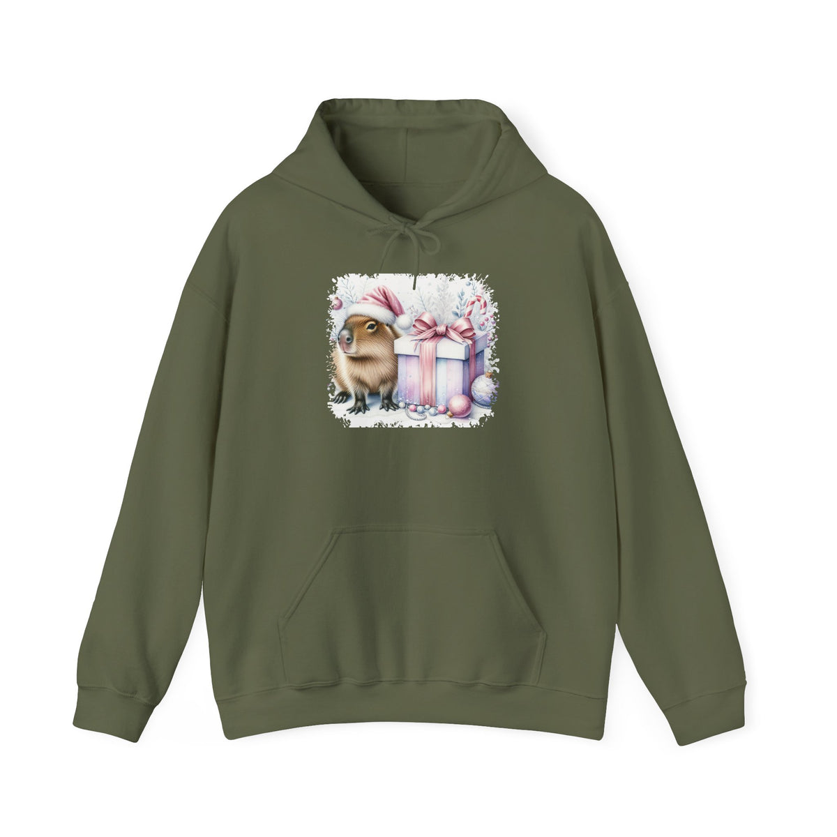 Military Green Capybara With Christmas Present hoodie with a watercolor capybara and pastel gift print, front view