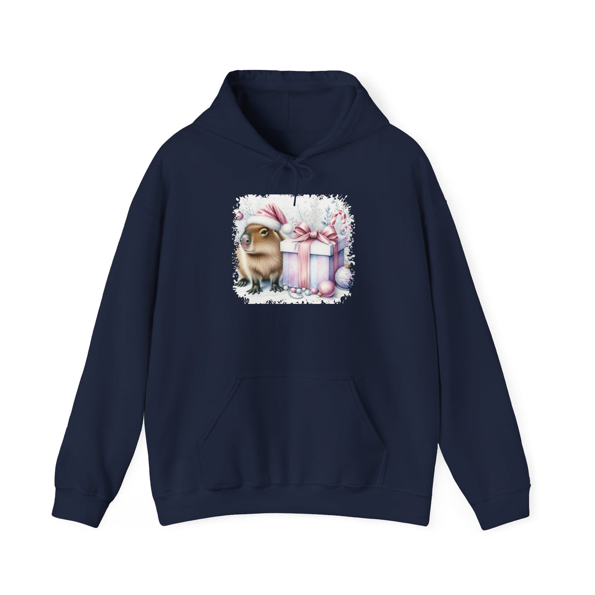 Navy Capybara With Christmas Present hoodie with a watercolor capybara and pastel gift print, front view