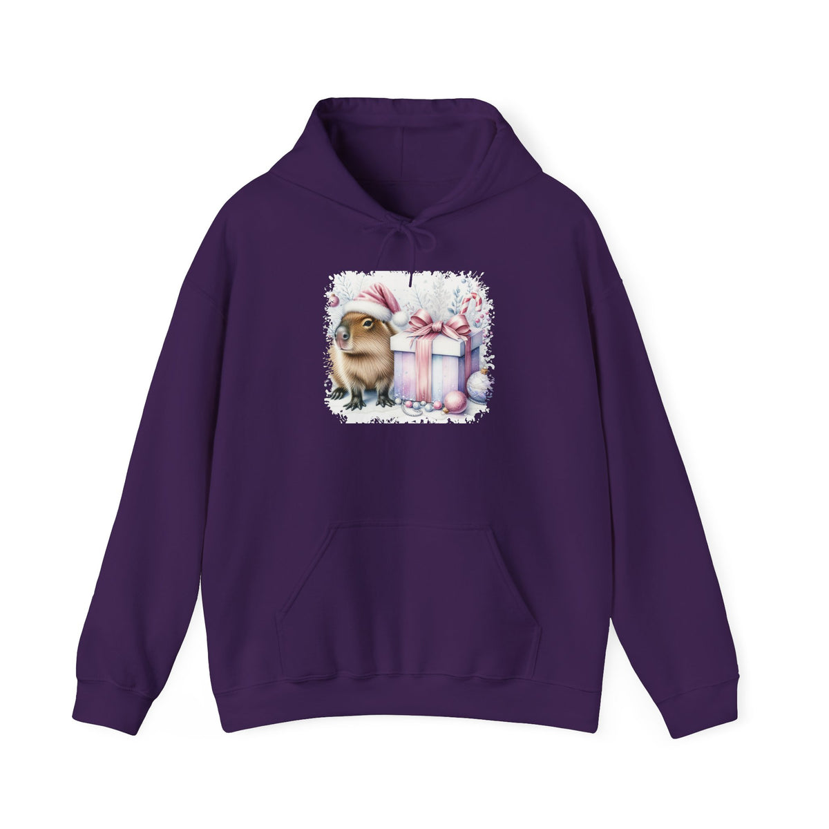 Purple Capybara With Christmas Present hoodie with a watercolor capybara and pastel gift print, front view