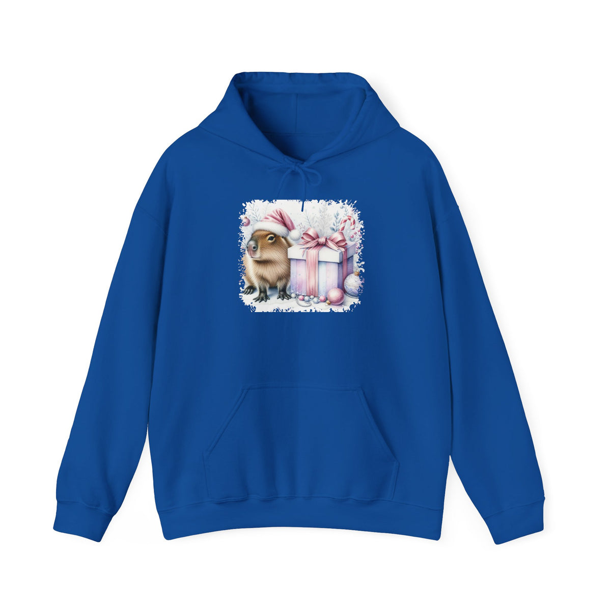 Royal Capybara With Christmas Present hoodie with a watercolor capybara and pastel gift print, front view