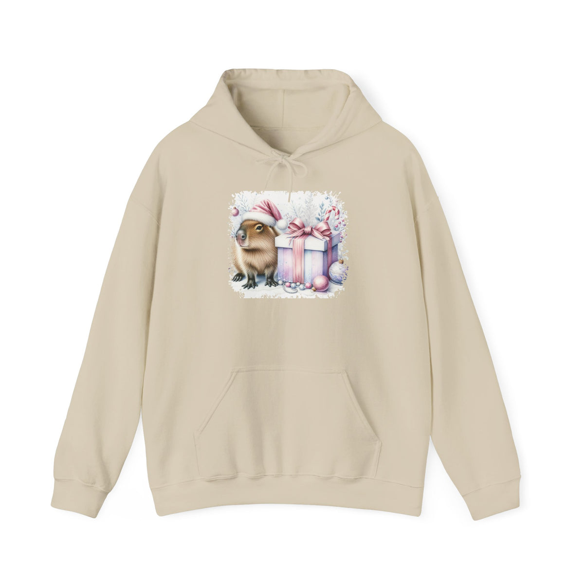 Sand Capybara With Christmas Present hoodie with a watercolor capybara and pastel gift print, front view