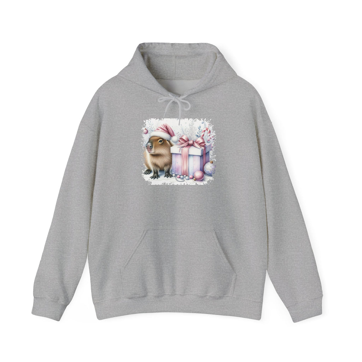 Sport Grey Capybara With Christmas Present hoodie with a watercolor capybara and pastel gift print, front view