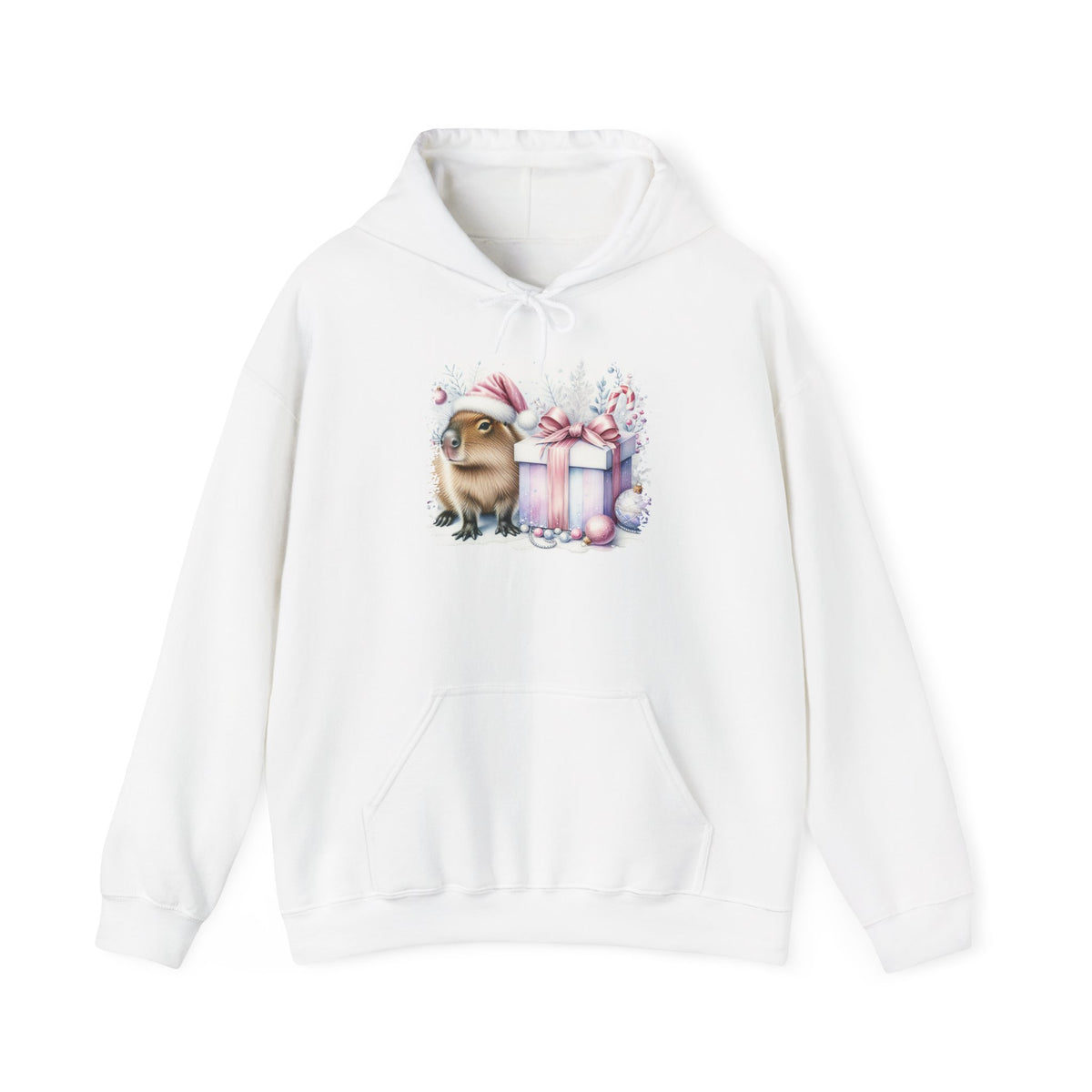 White Capybara With Christmas Present hoodie with a watercolor capybara and pastel gift print, front view