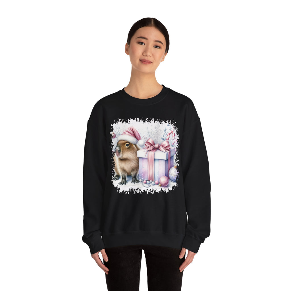 Woman wearing the Black Capybara With Christmas Present Sweatshirt