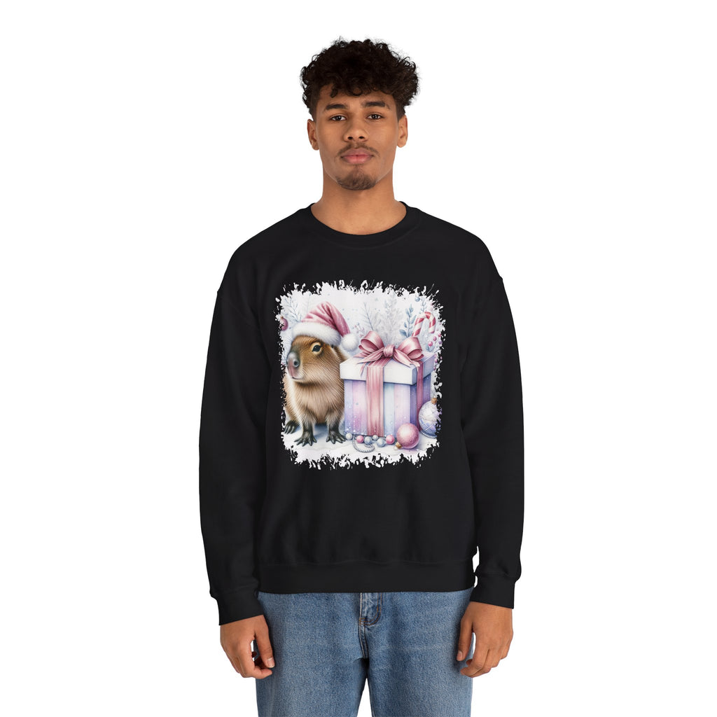 Man wearing the Black Capybara With Christmas Present Sweatshirt