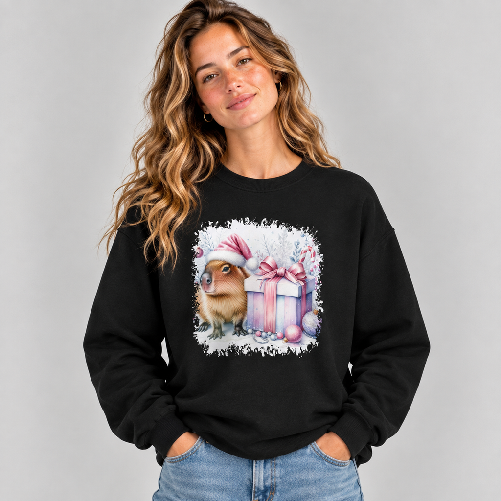 Woman wearing the Black Capybara With Christmas Present Sweatshirt with jeans
