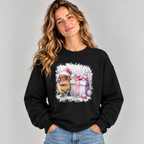 Woman wearing the Black Capybara With Christmas Present Sweatshirt with jeans