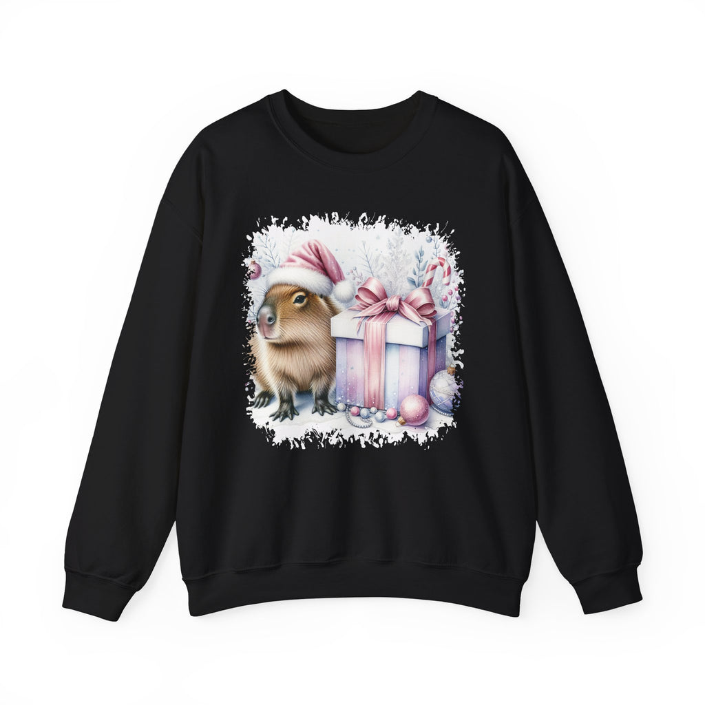 Black Capybara With Christmas Present sweatshirt with a watercolor capybara and pastel gift print, front view
