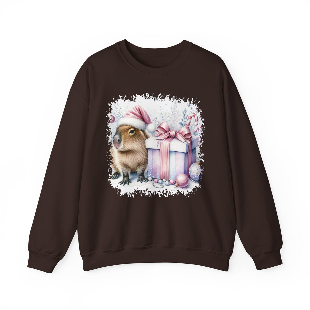 Dark Chocolate Capybara With Christmas Present sweatshirt with a watercolor capybara and pastel gift print, front view