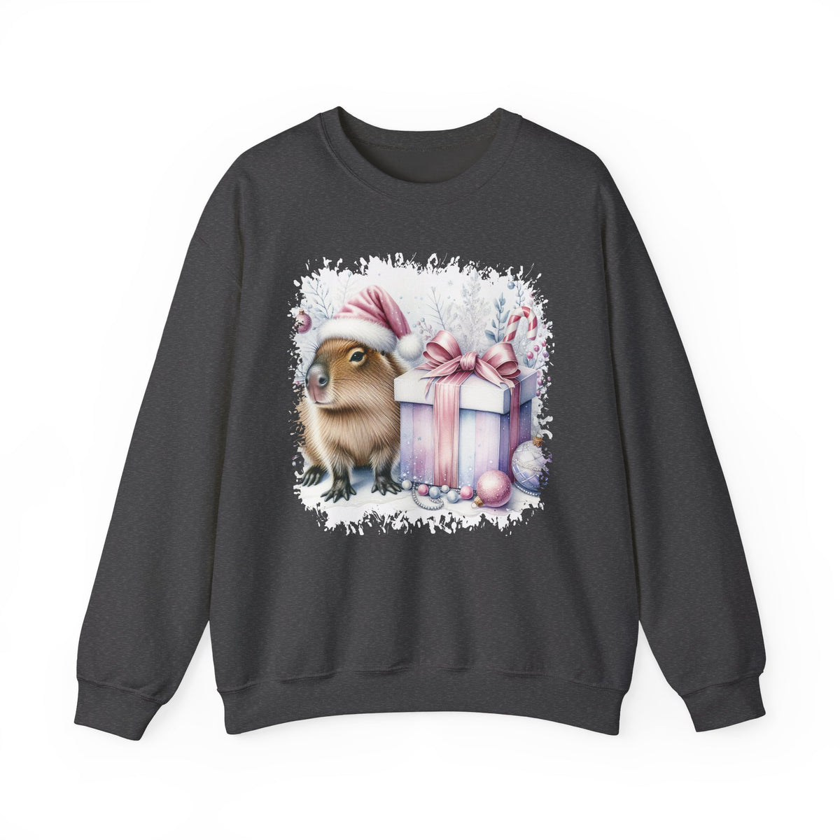 Dark Heather Capybara With Christmas Present sweatshirt with a watercolor capybara and pastel gift print, front view