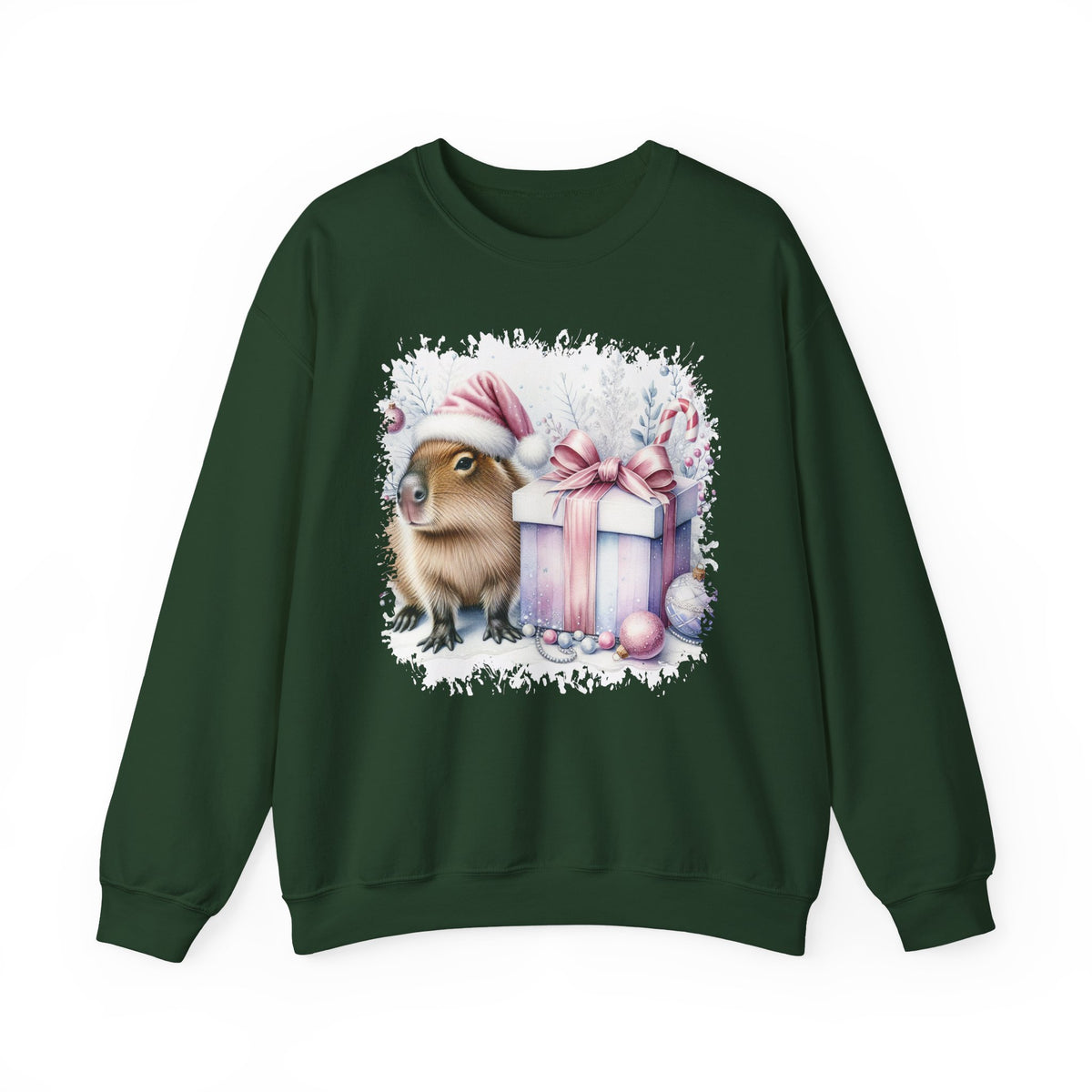 Forest Green Capybara With Christmas Present sweatshirt with a watercolor capybara and pastel gift print, front view