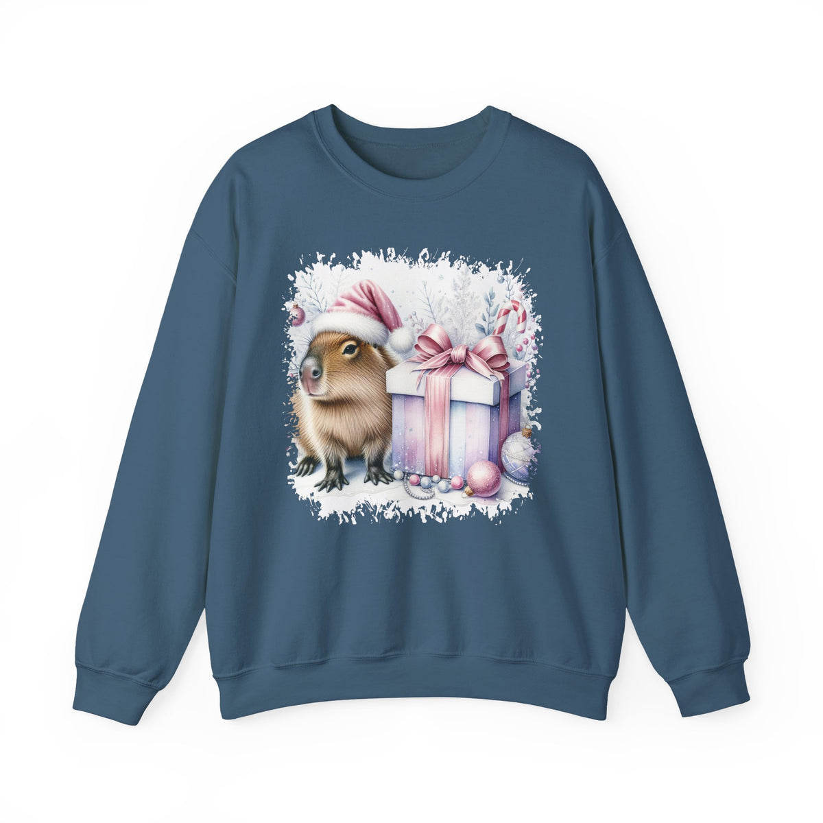 Indigo Blue Capybara With Christmas Present sweatshirt with a watercolor capybara and pastel gift print, front view
