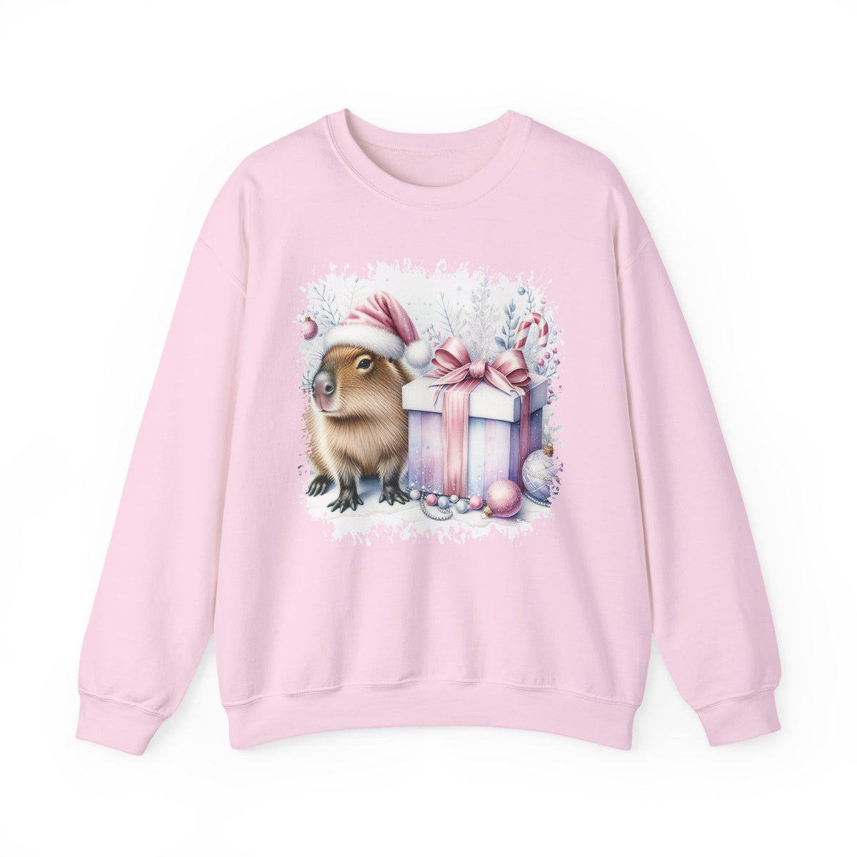 Light Pink Capybara With Christmas Present sweatshirt with a watercolor capybara and pastel gift print, front view