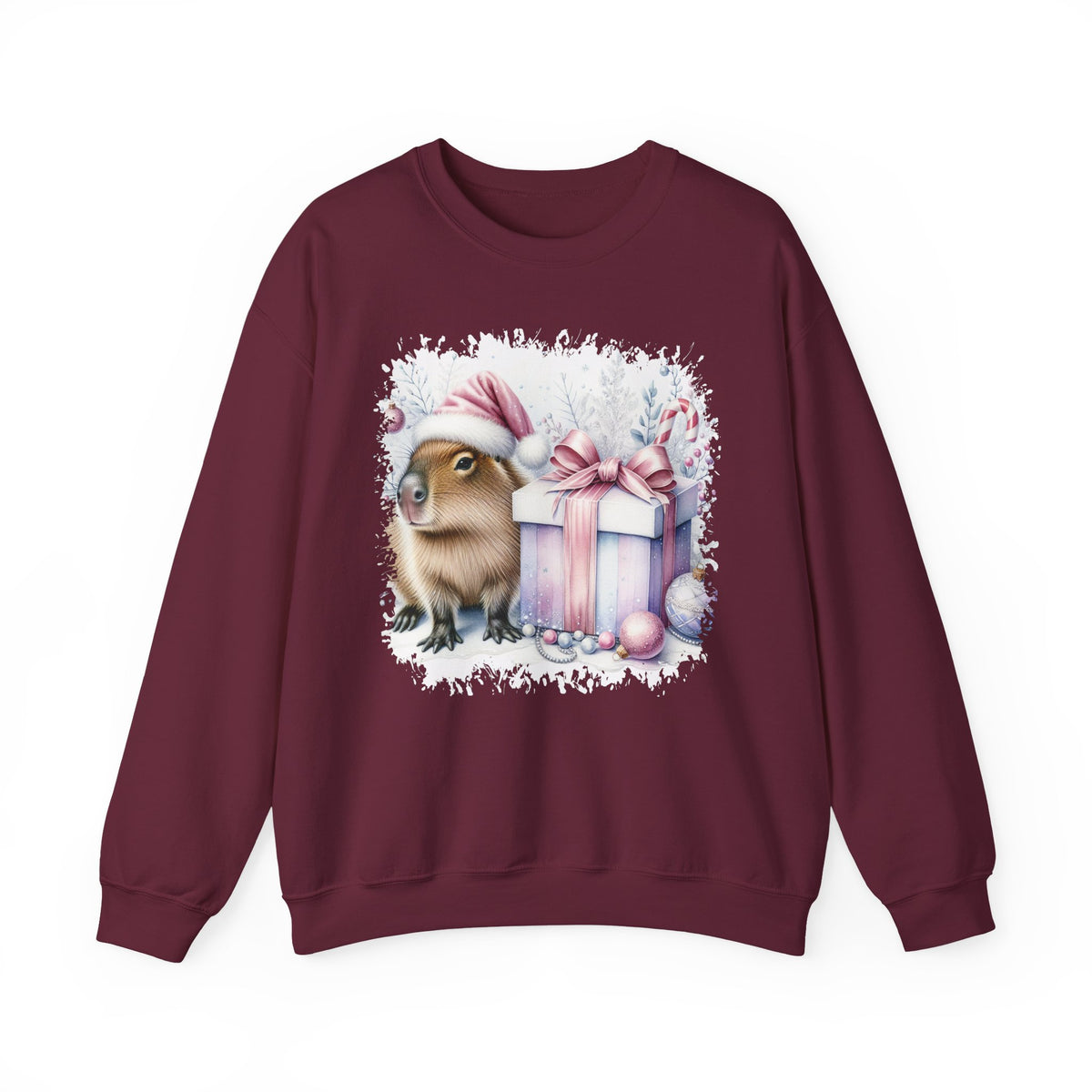 Maroon Capybara With Christmas Present sweatshirt with a watercolor capybara and pastel gift print, front view