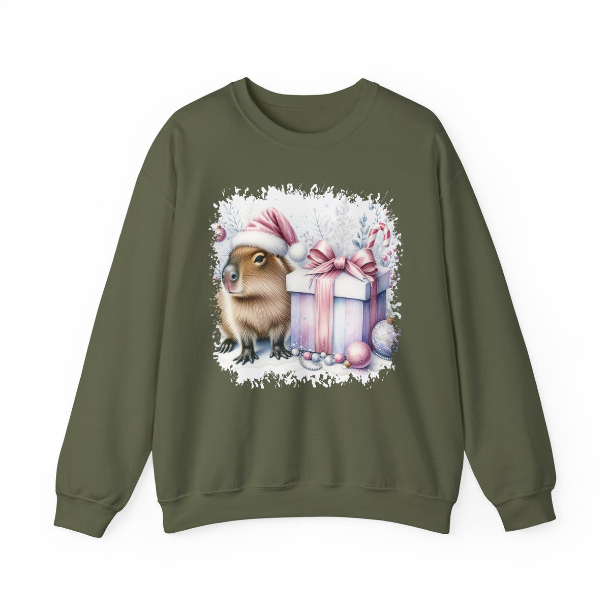 Military Green Capybara With Christmas Present sweatshirt with a watercolor capybara and pastel gift print, front view