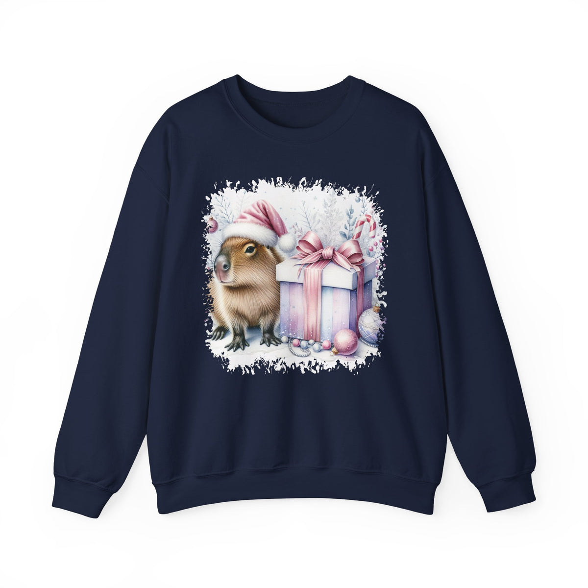 Navy Capybara With Christmas Present sweatshirt with a watercolor capybara and pastel gift print, front view
