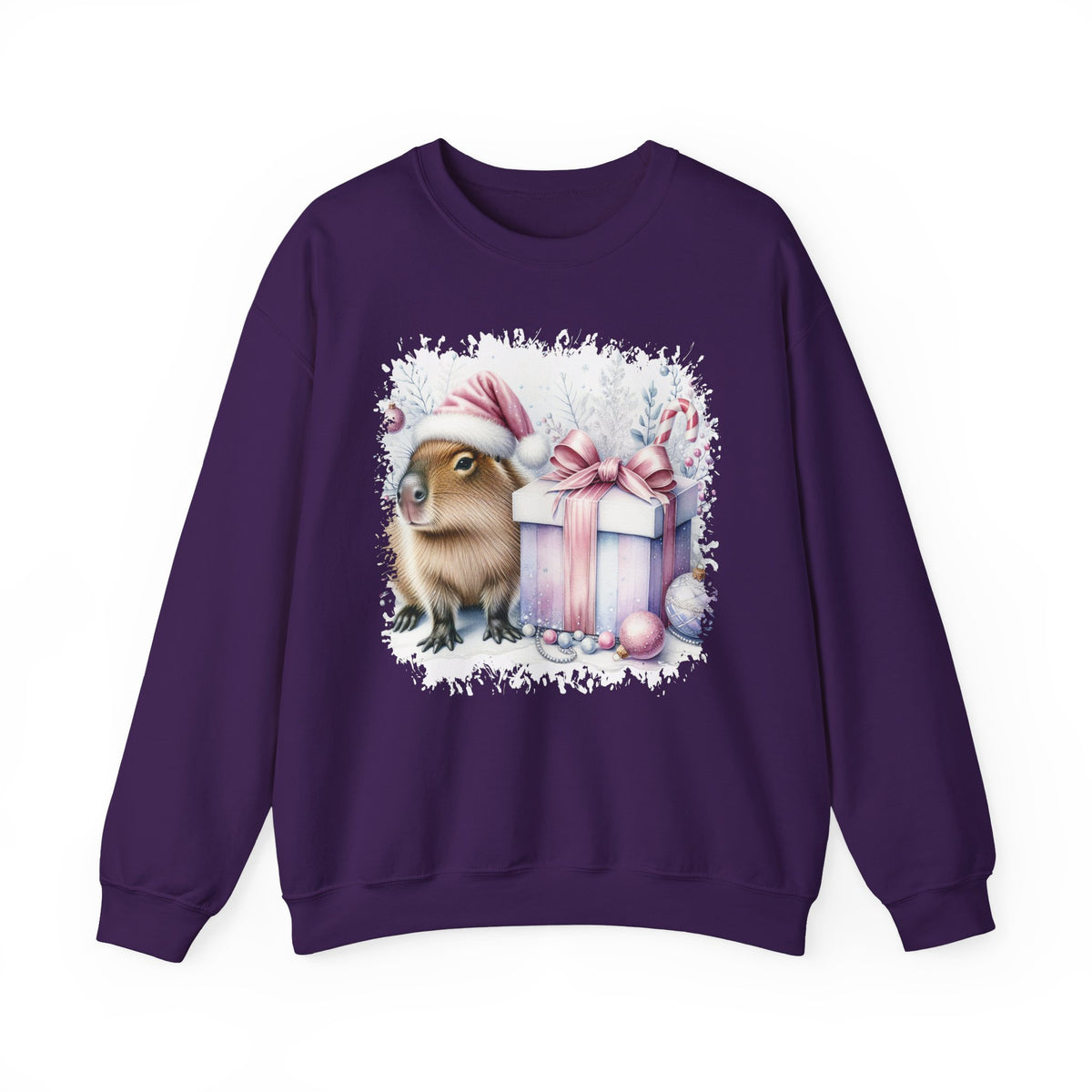 Purple Capybara With Christmas Present sweatshirt with a watercolor capybara and pastel gift print, front view