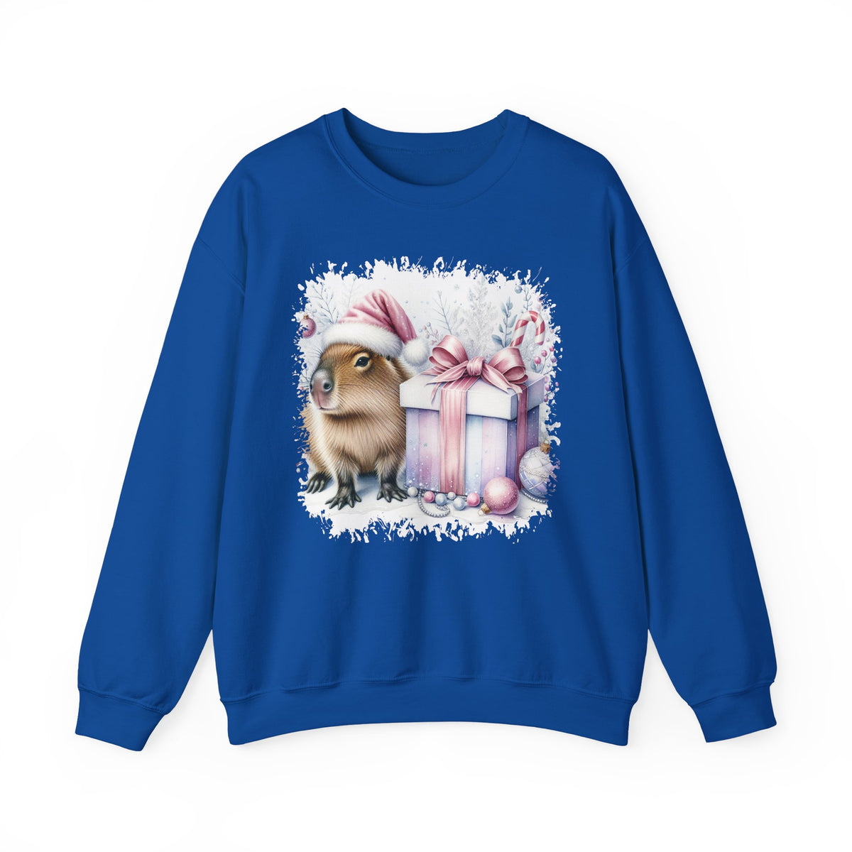 Royal Capybara With Christmas Present sweatshirt with a watercolor capybara and pastel gift print, front view