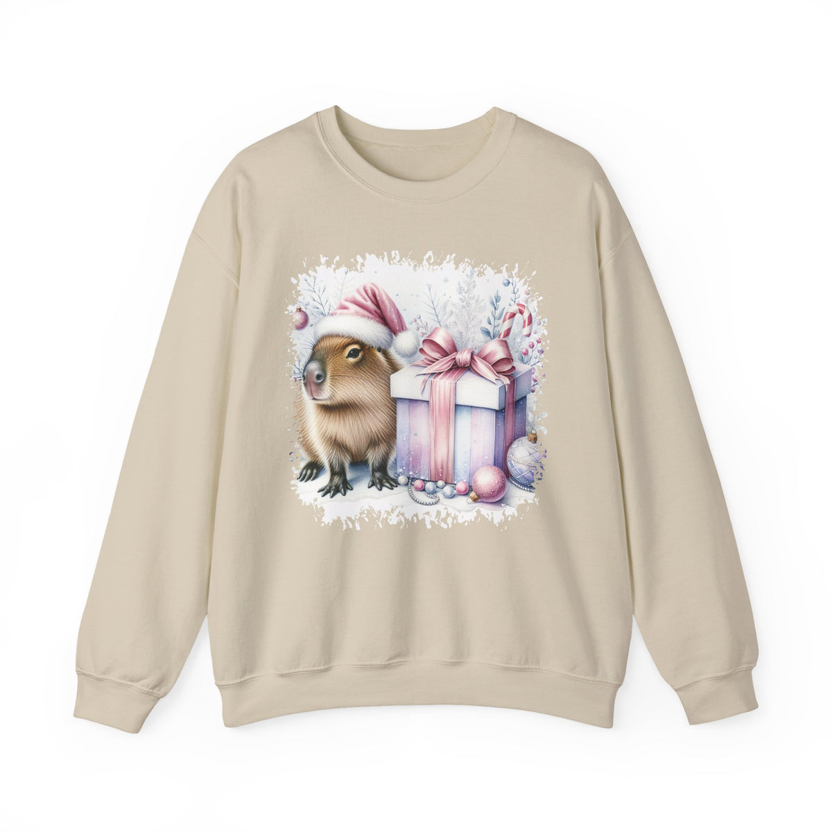 Sand Capybara With Christmas Present sweatshirt with a watercolor capybara and pastel gift print, front view
