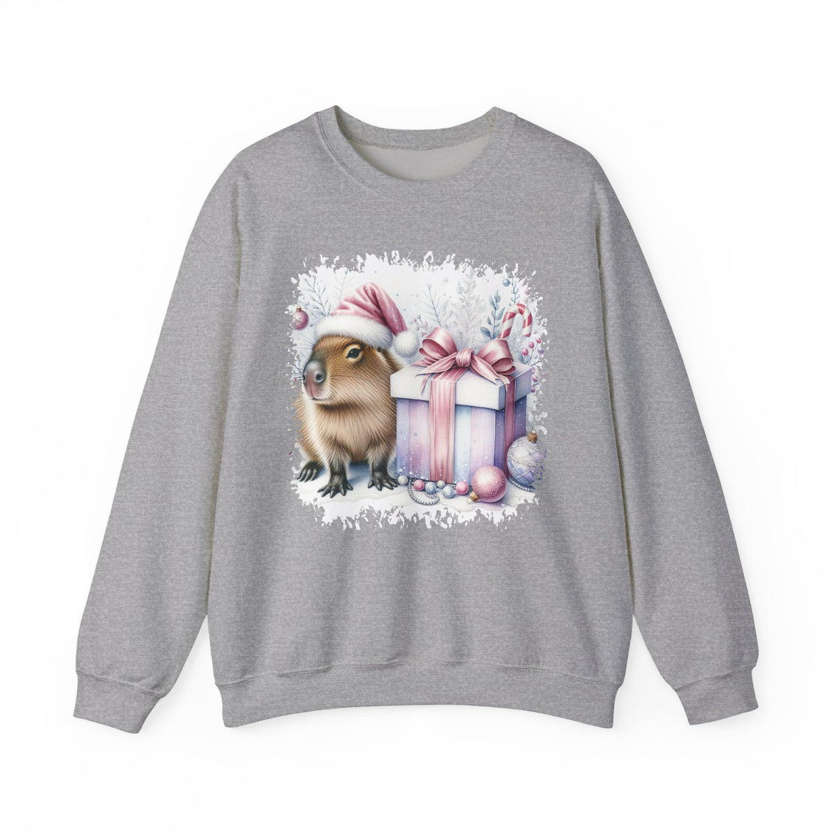 Sport Grey Capybara With Christmas Present sweatshirt with a watercolor capybara and pastel gift print, front view