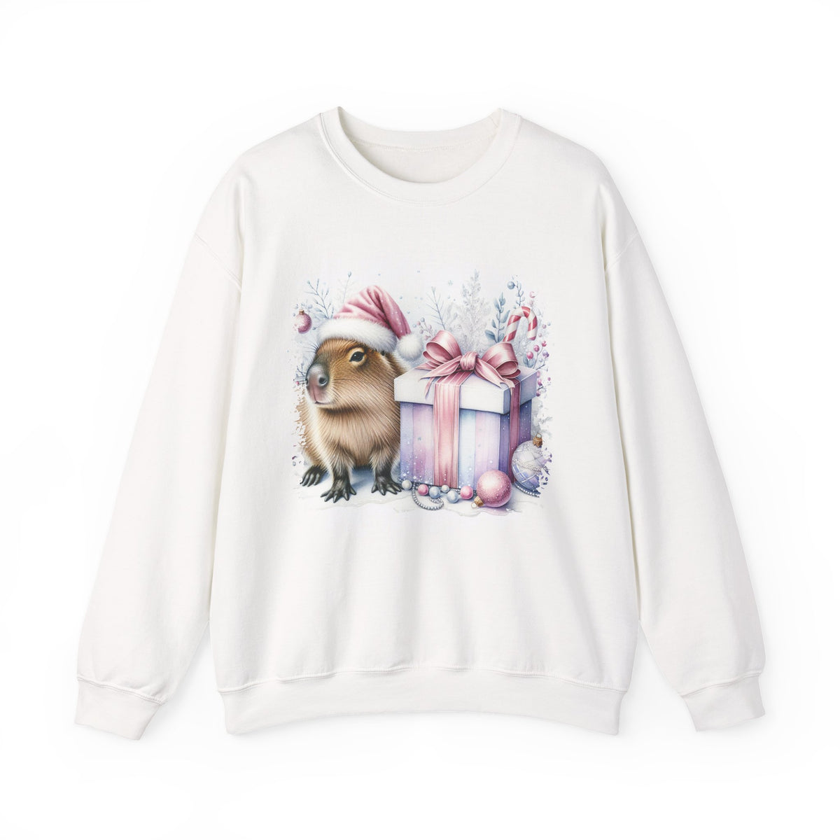White Capybara With Christmas Present sweatshirt with a watercolor capybara and pastel gift print, front view
