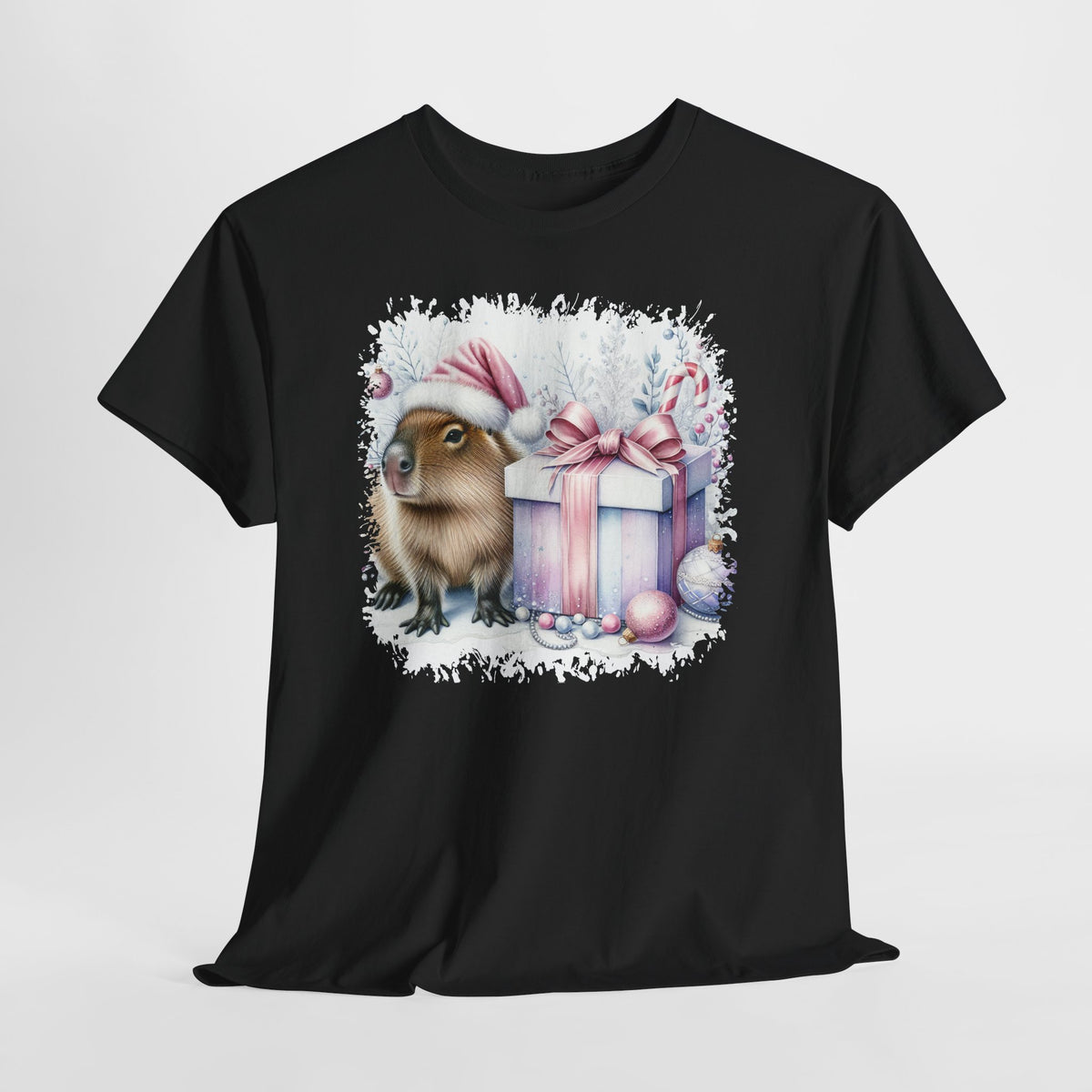 Capybara With Christmas Present T-Shirt, flat lay