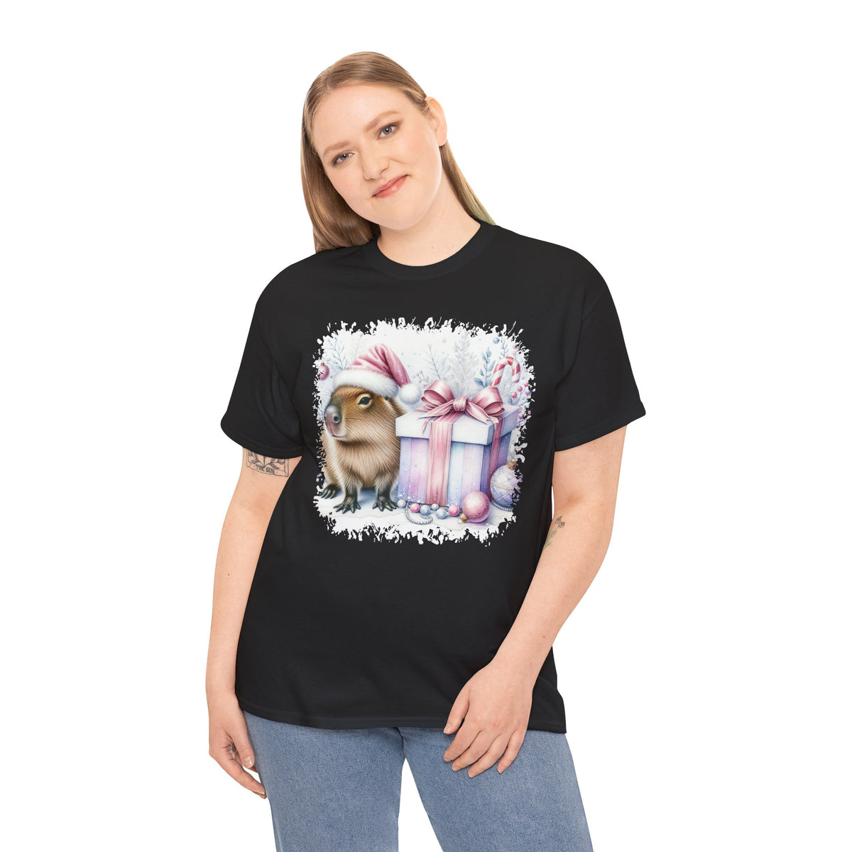 Woman wearing the Black Capybara With Christmas Present T-Shirt