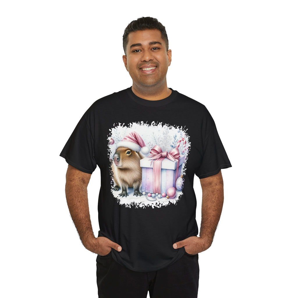 Man wearing the Black Capybara With Christmas Present T-Shirt