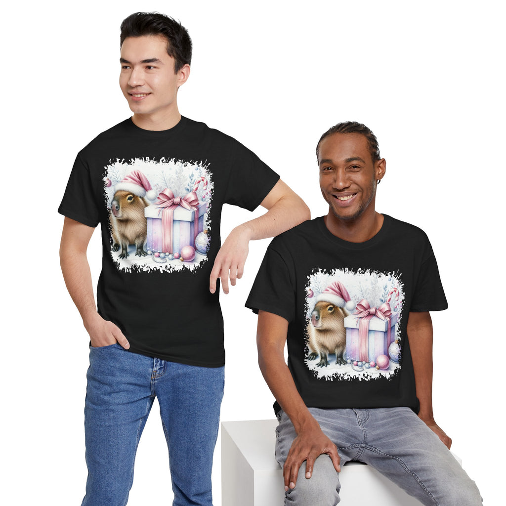 Two men wearing the Black Capybara With Christmas Present T-Shirt