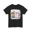 Black Capybara With Christmas Present t-shirt with a watercolor capybara and pastel gift print, front view