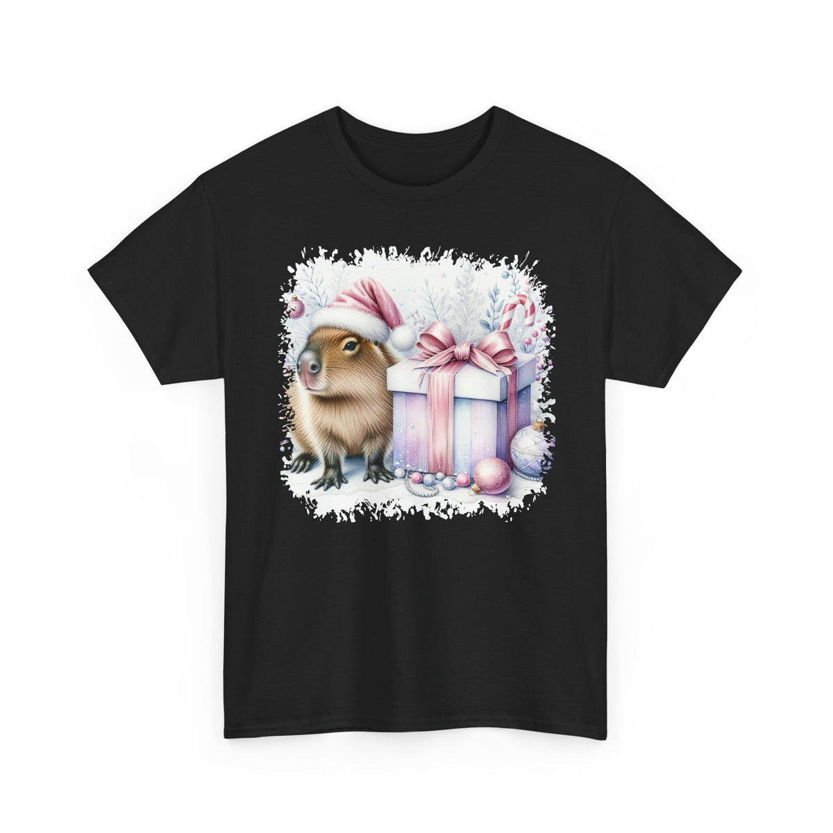 Black Capybara With Christmas Present t-shirt with a watercolor capybara and pastel gift print, front view