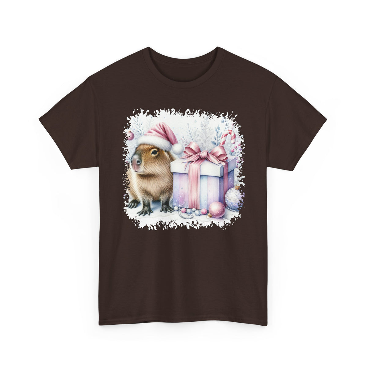 Dark Chocolate Capybara With Christmas Present t-shirt with a watercolor capybara and pastel gift print, front view