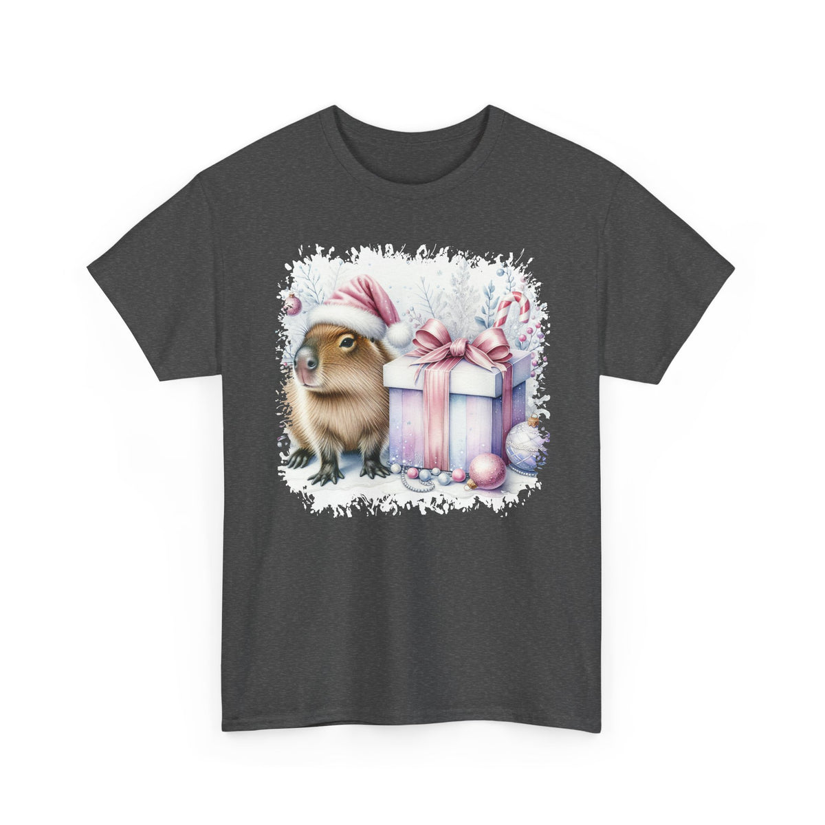 Dark Heather Capybara With Christmas Present t-shirt with a watercolor capybara and pastel gift print, front view