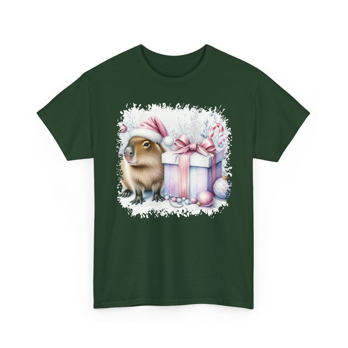 Forest Green Capybara With Christmas Present t-shirt with a watercolor capybara and pastel gift print, front view