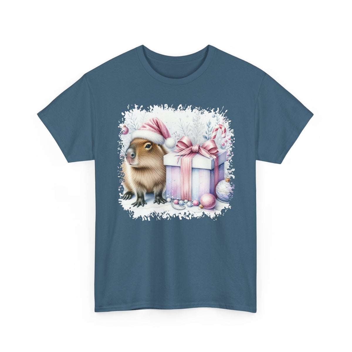 Indigo Blue Capybara With Christmas Present t-shirt with a watercolor capybara and pastel gift print, front view
