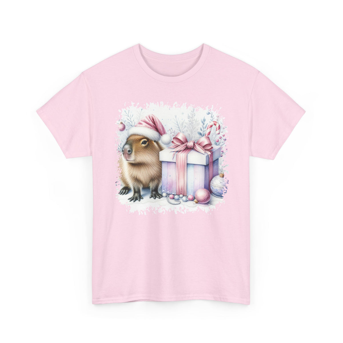 Light Pink Capybara With Christmas Present t-shirt with a watercolor capybara and pastel gift print, front view