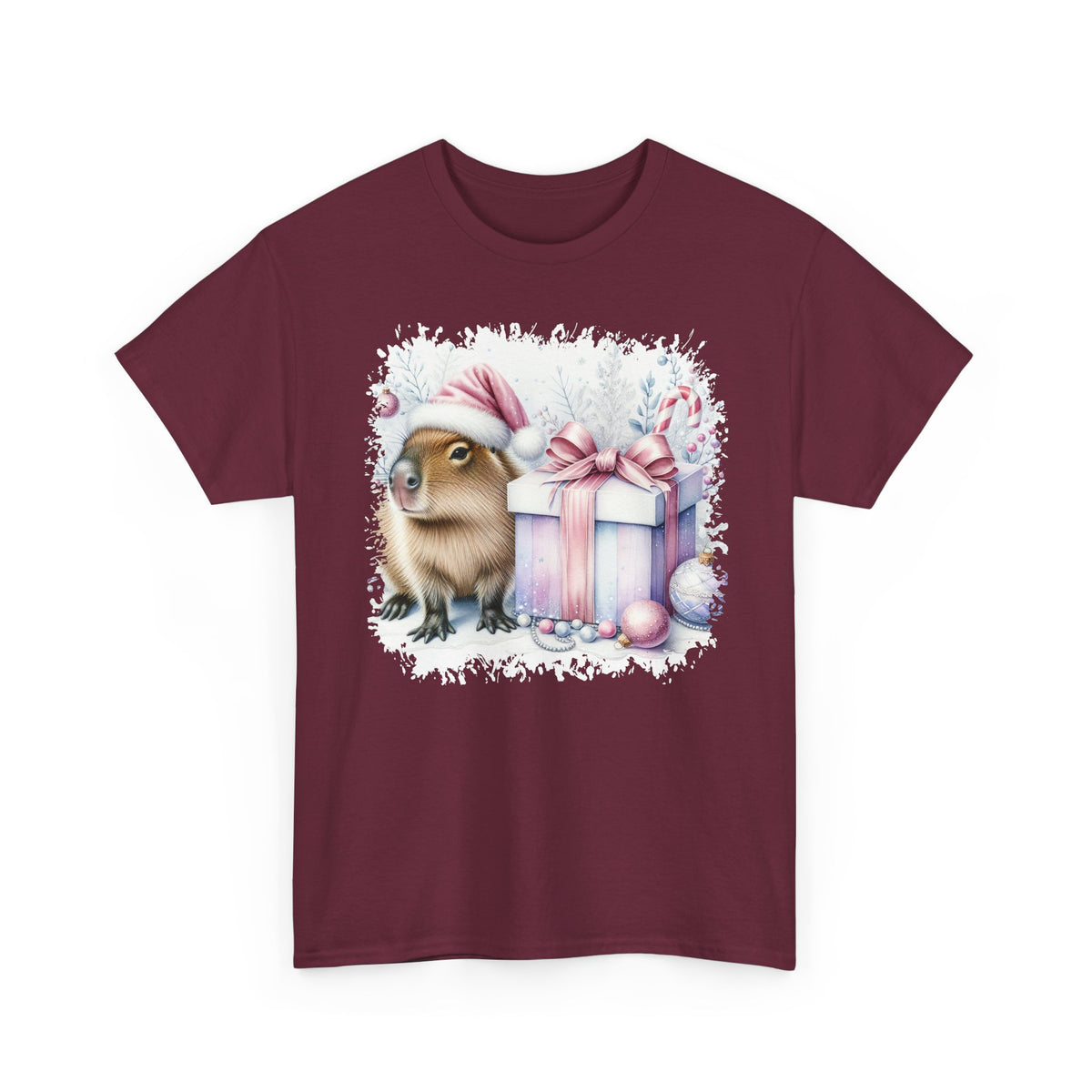 Maroon Capybara With Christmas Present t-shirt with a watercolor capybara and pastel gift print, front view