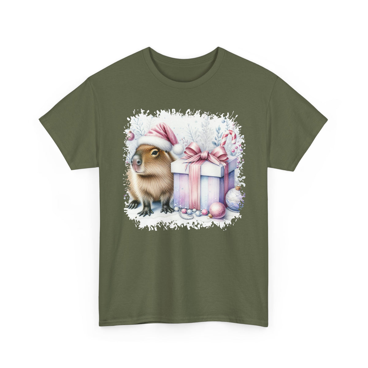 Military Green Capybara With Christmas Present t-shirt with a watercolor capybara and pastel gift print, front view