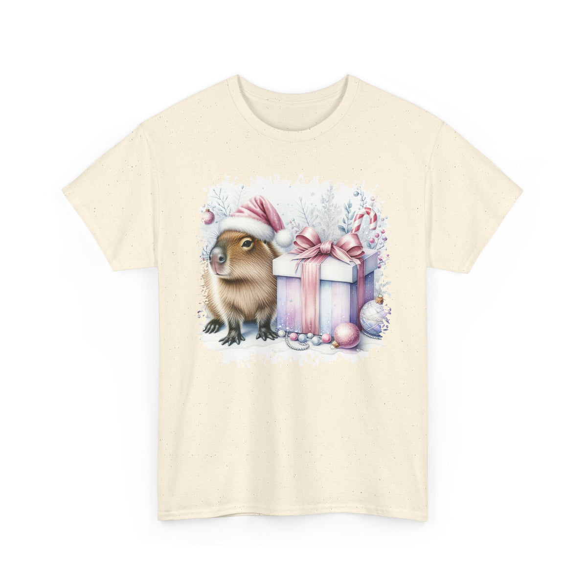 Natural Capybara With Christmas Present t-shirt with a watercolor capybara and pastel gift print, front view