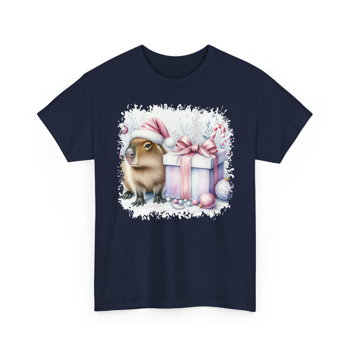 Navy Capybara With Christmas Present t-shirt with a watercolor capybara and pastel gift print, front view