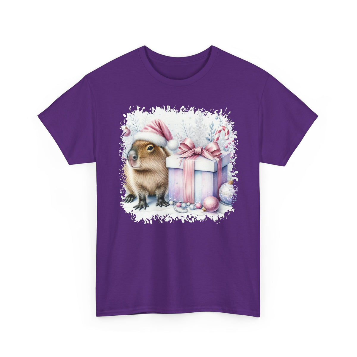 Purple Capybara With Christmas Present t-shirt with a watercolor capybara and pastel gift print, front view