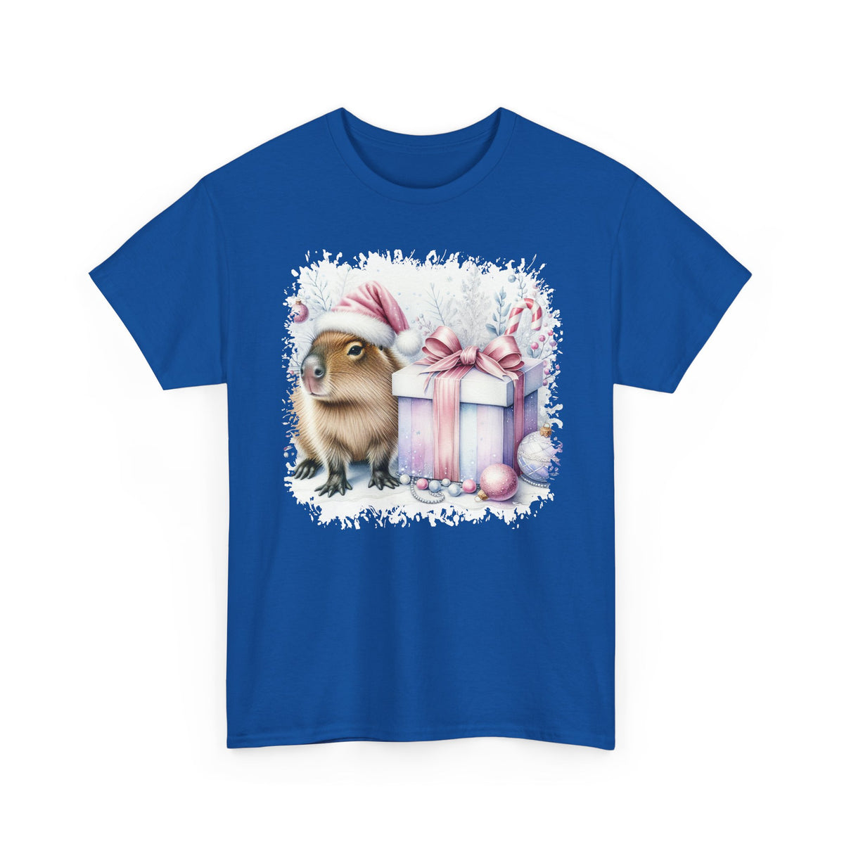 Royal Capybara With Christmas Present t-shirt with a watercolor capybara and pastel gift print, front view