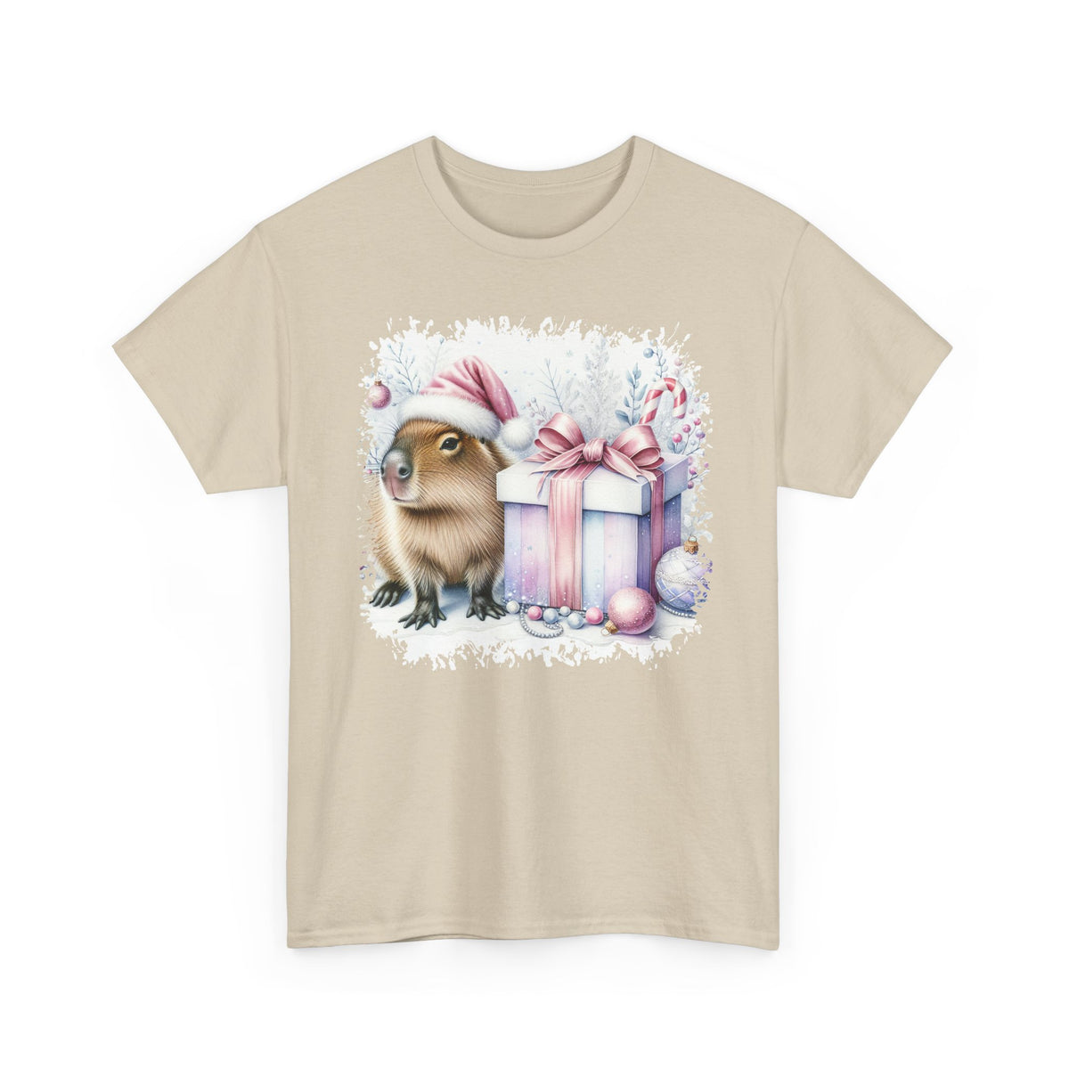 Sand Capybara With Christmas Present t-shirt with a watercolor capybara and pastel gift print, front view