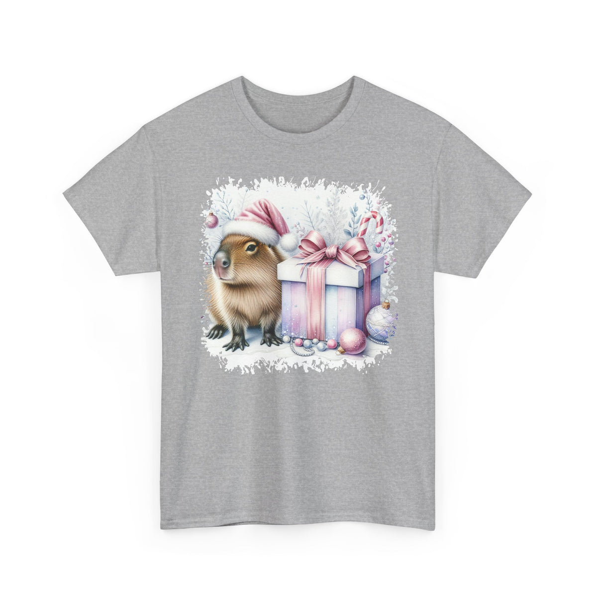 Sport Grey Capybara With Christmas Present t-shirt with a watercolor capybara and pastel gift print, front view