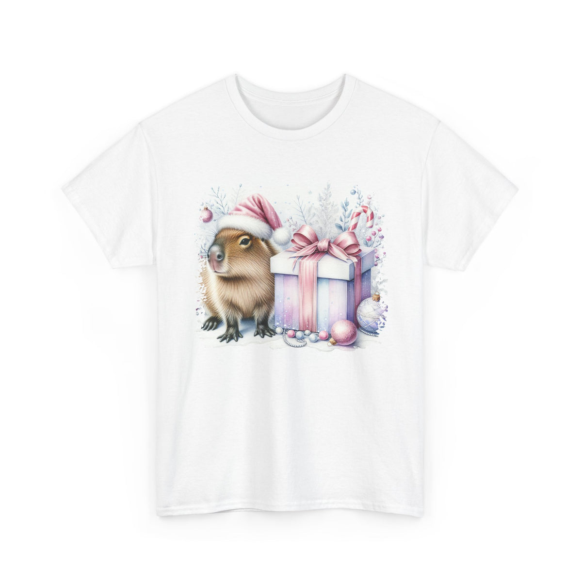 White Capybara With Christmas Present t-shirt with a watercolor capybara and pastel gift print, front view