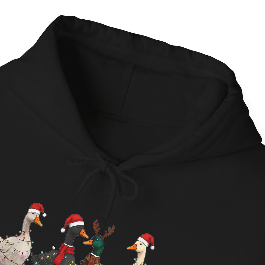 Christmas Geese In Santa Hats Hoodie, front collar close-up