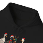 Christmas Geese In Santa Hats Hoodie, front collar close-up