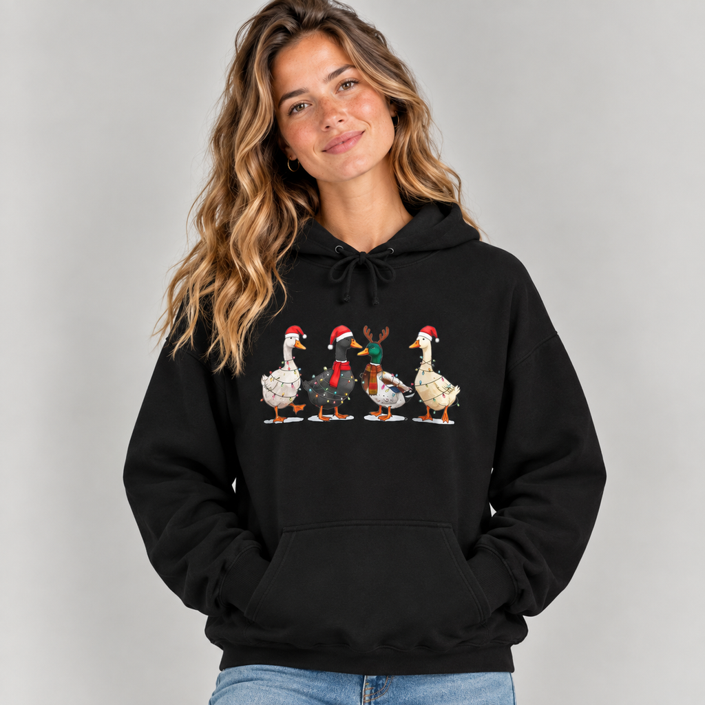 Woman wearing the Black Christmas Geese In Santa Hats Hoodie with jeans
