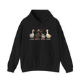 Black Christmas Geese hoodie with four geese in Santa hats and Christmas lights, front view