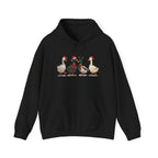 Black Christmas Geese hoodie with four geese in Santa hats and Christmas lights, front view